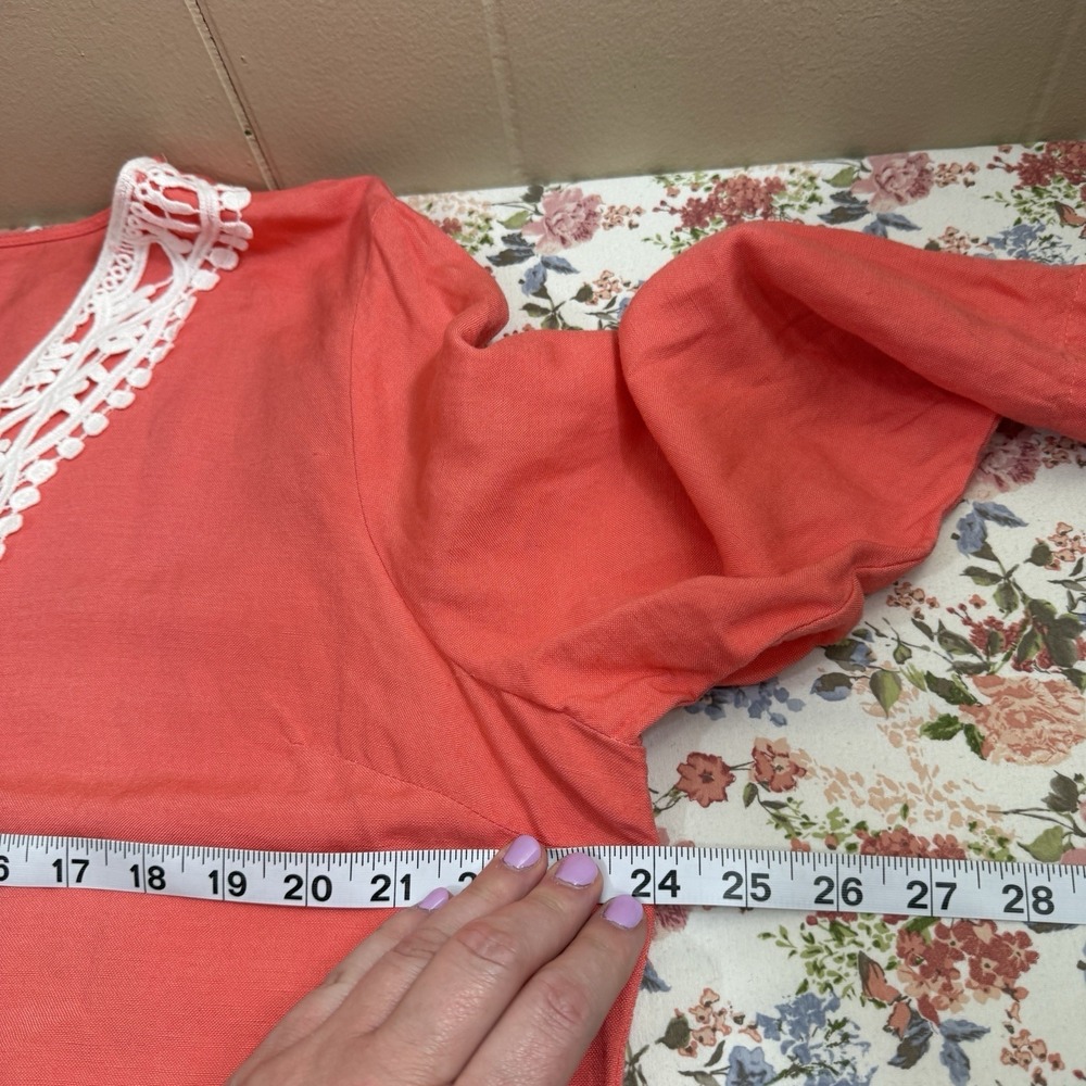 Womens Lagenlook Linen Blend Tunic Top XL Coral Embroidered Cottage Boho Baggy - Picture 9 of 11